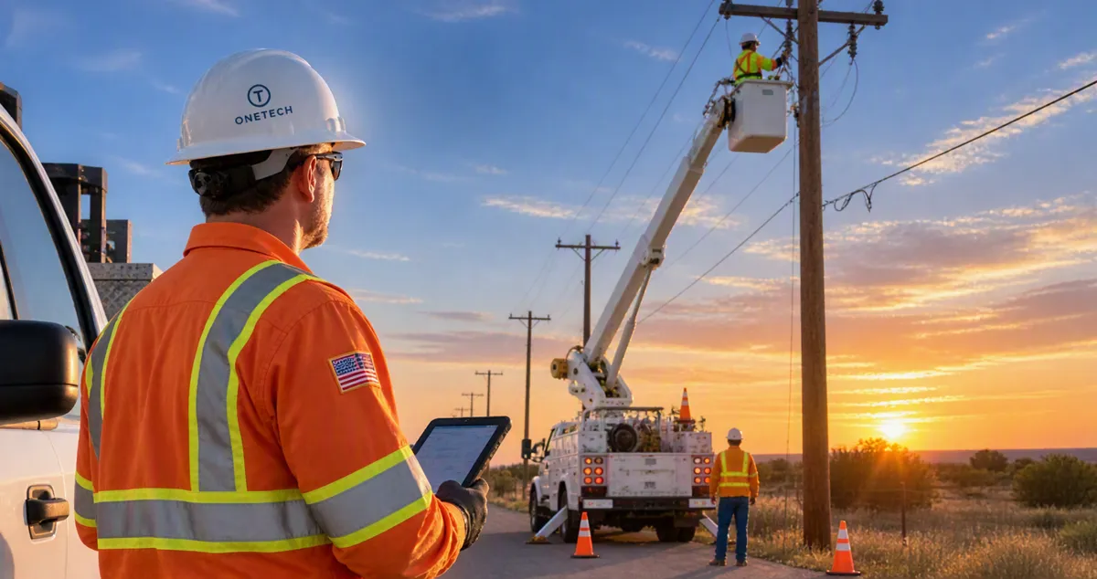 Field inspector in a high-visibility jacket and One Tech hard hat reviewing a tablet while a bucket-truck crew works on a distribution line at sunset.