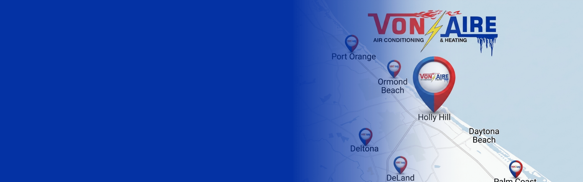 Map of the Von Aire HVAC service area across Volusia and Flagler County, Florida, with locations marked at Port Orange, Ormond Beach, Holly Hill, Daytona Beach and Deltona