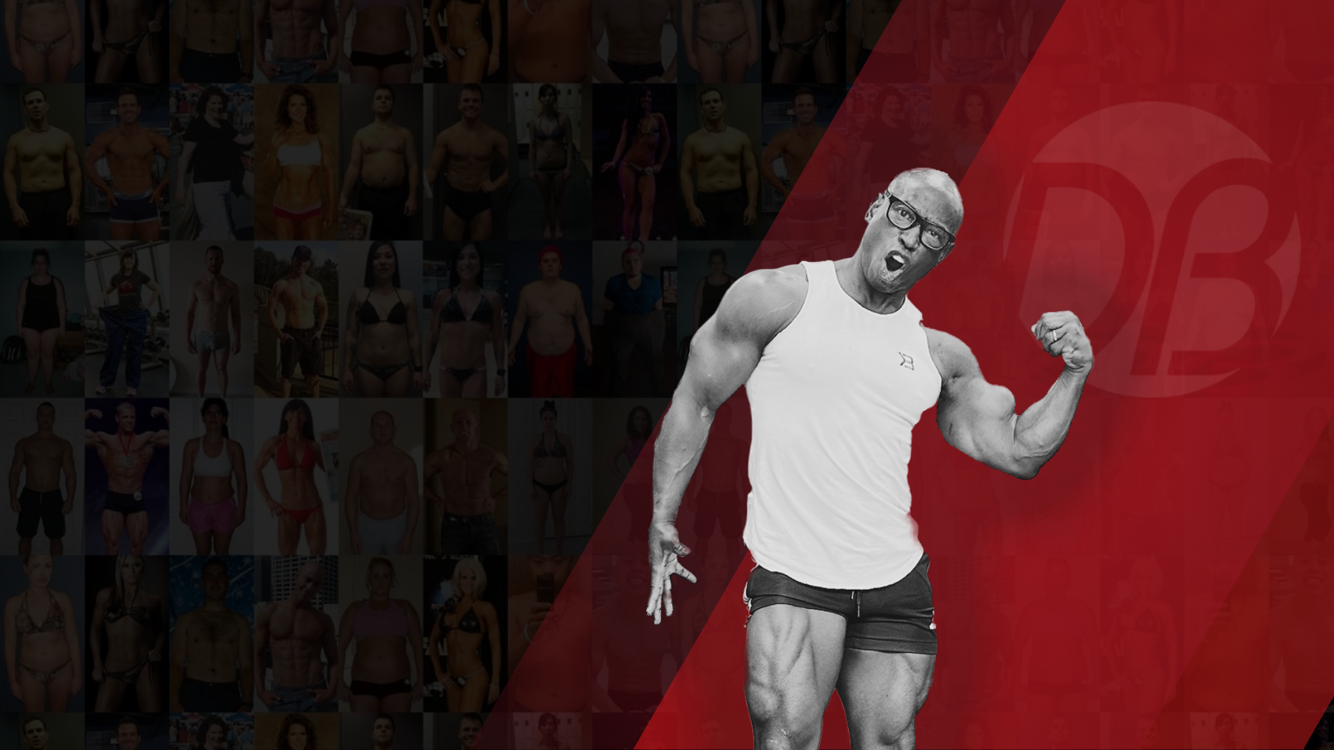 Paul Anthony flexing in front of a wall of Dreambody client photos