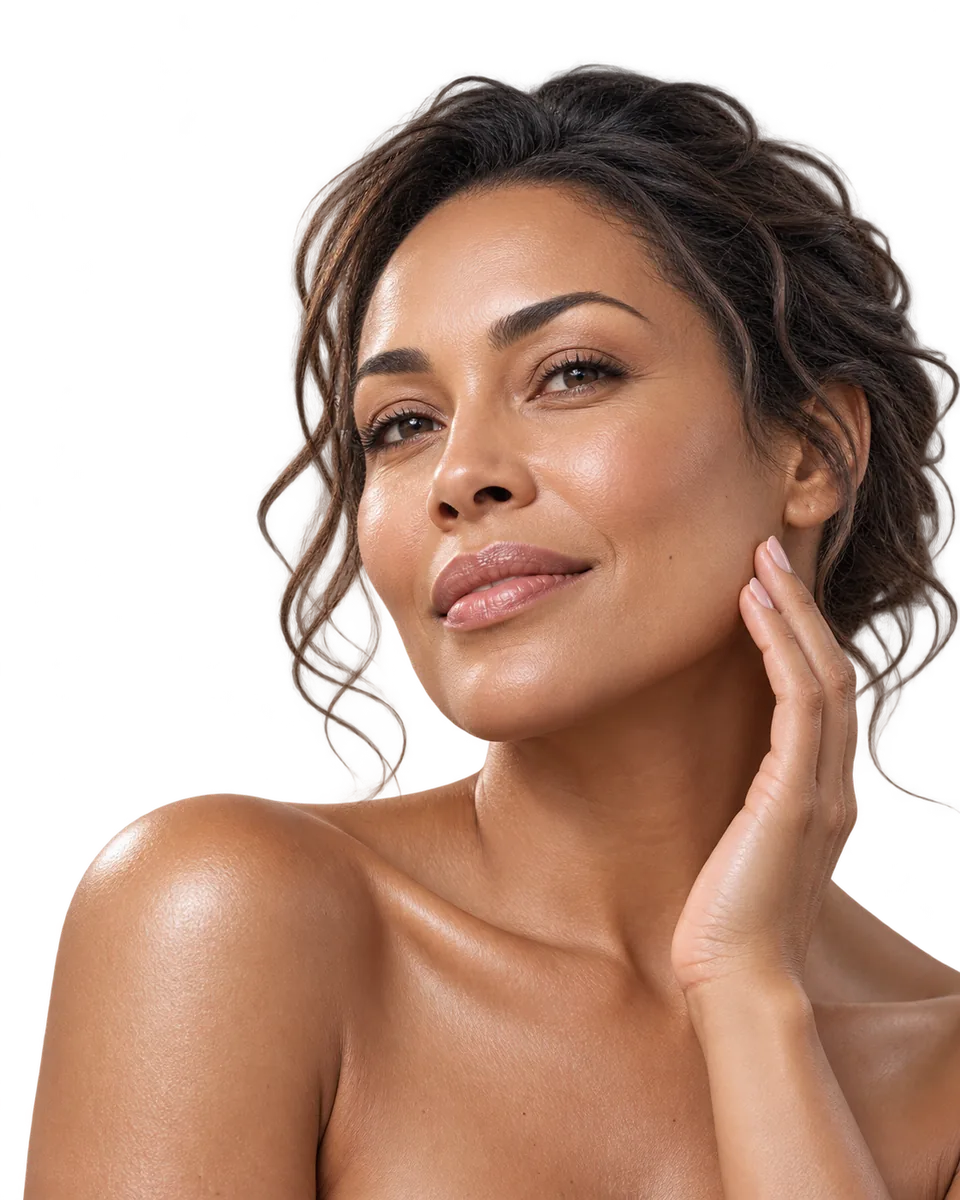 Woman with healthy, glowing skin resting her hand on her cheek