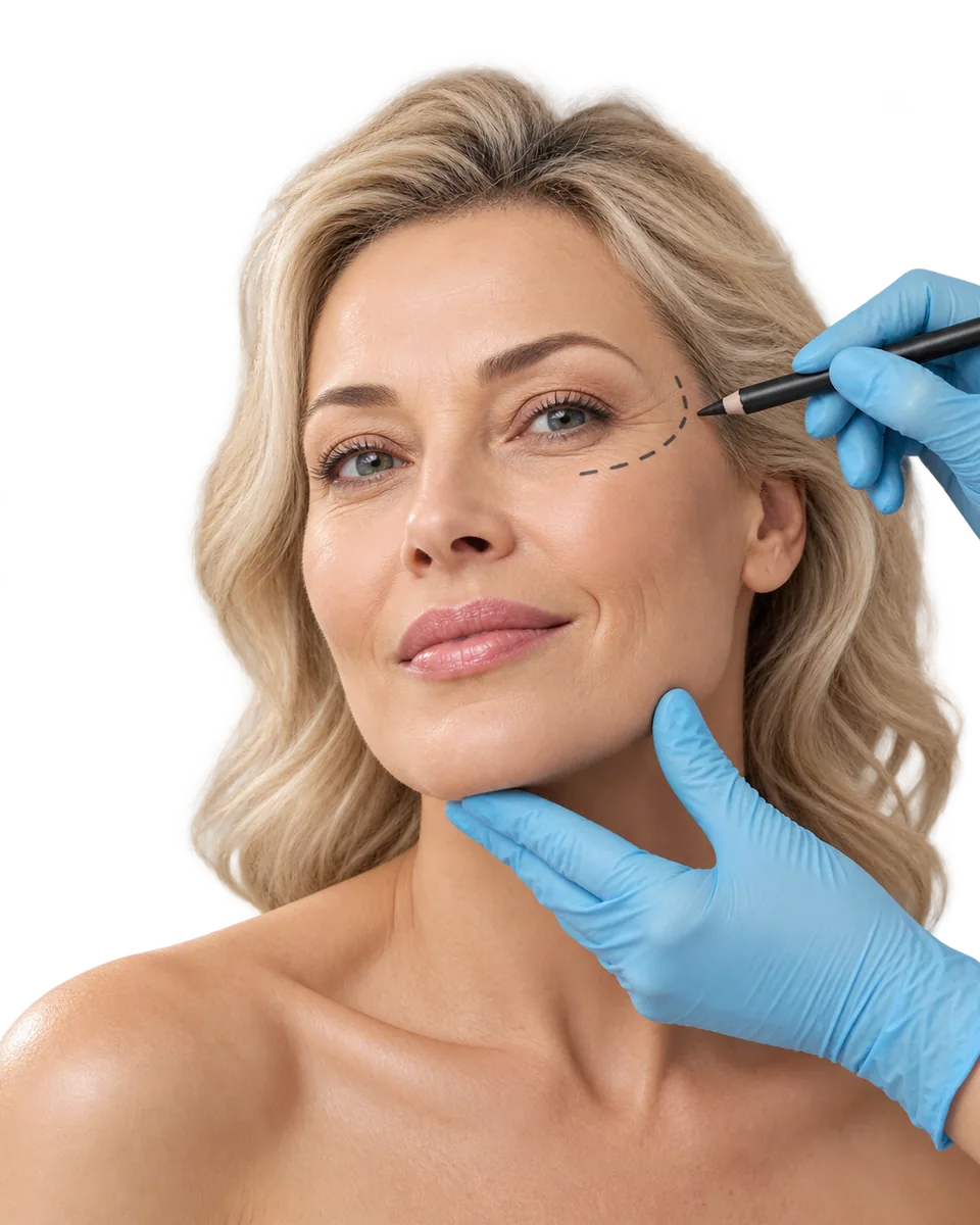 Dermatologist marking treatment lines on a patient before a procedure