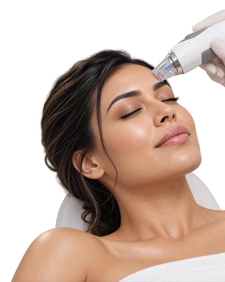 Woman relaxing during a skin treatment with a handheld device